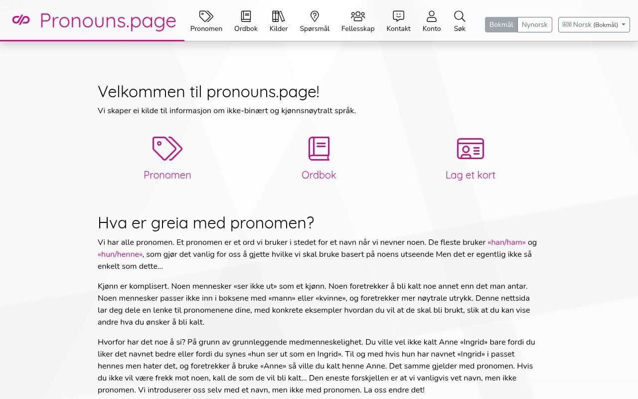 Homepage screenshot of nb.pronouns.page