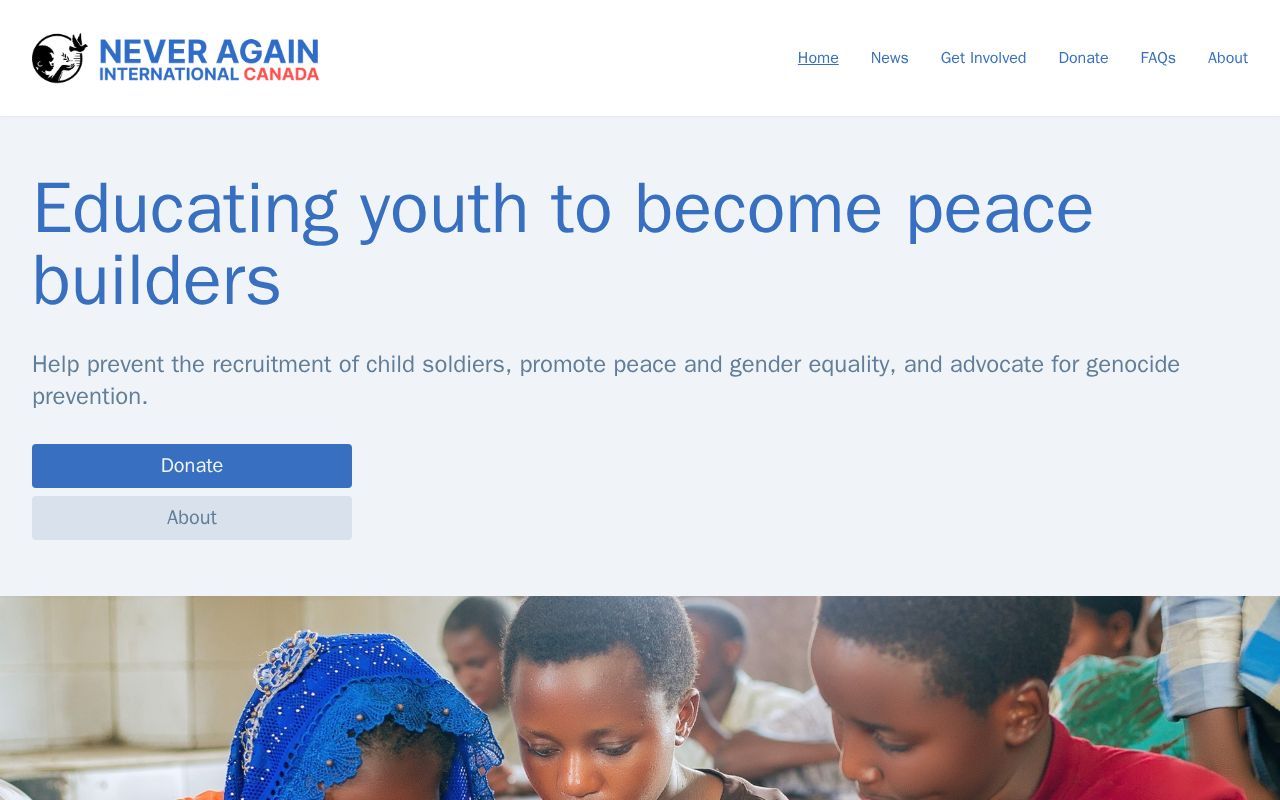 Homepage screenshot of neveragaininternationalcanada.org