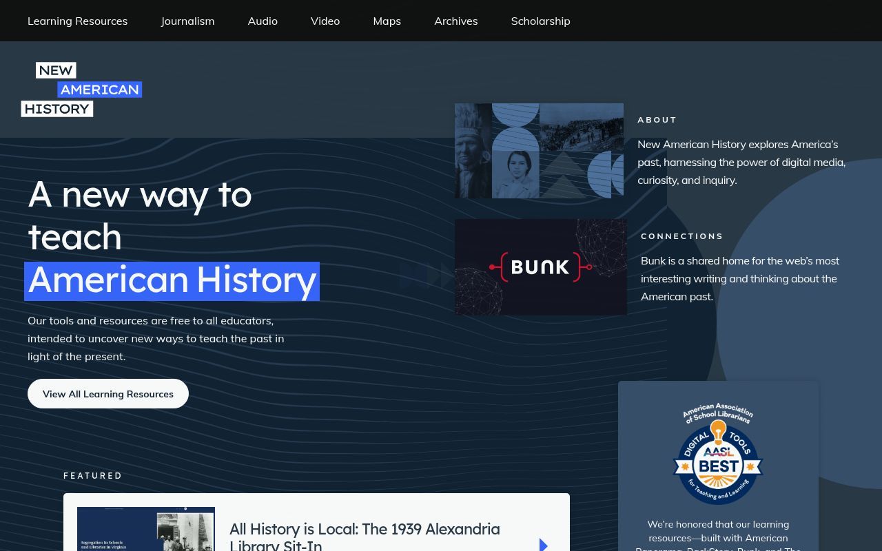 Homepage screenshot of newamericanhistory.org