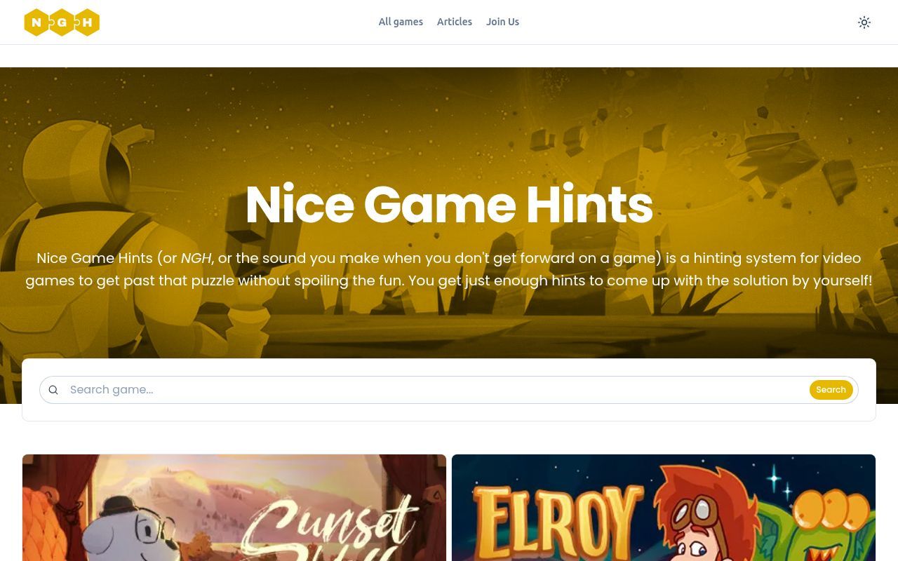 Homepage screenshot of nicegamehints.com