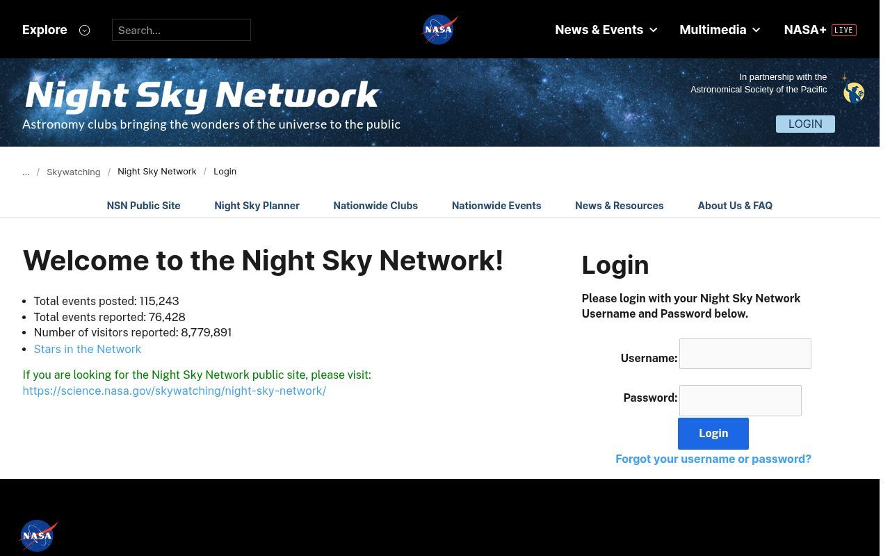 Homepage screenshot of nightsky.jpl.nasa.gov