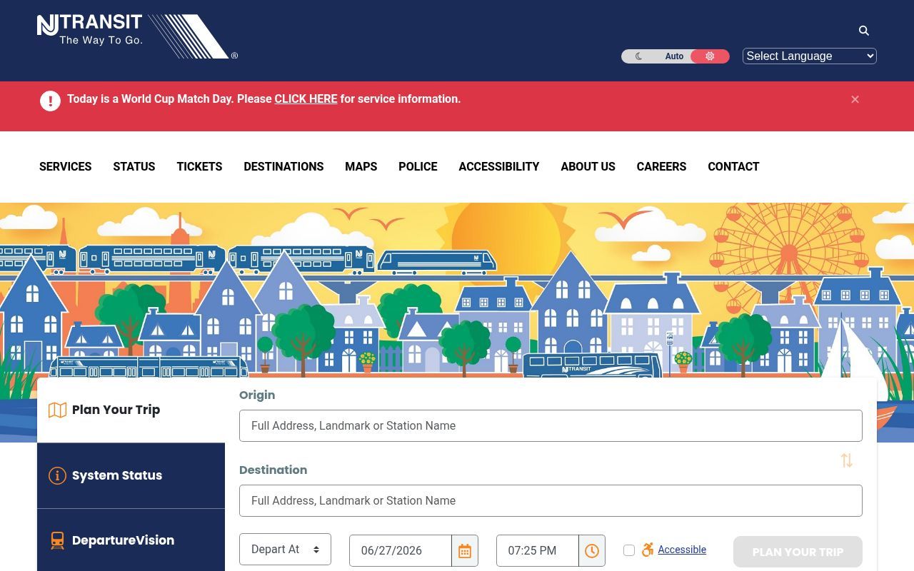 Homepage screenshot of njtransit.com