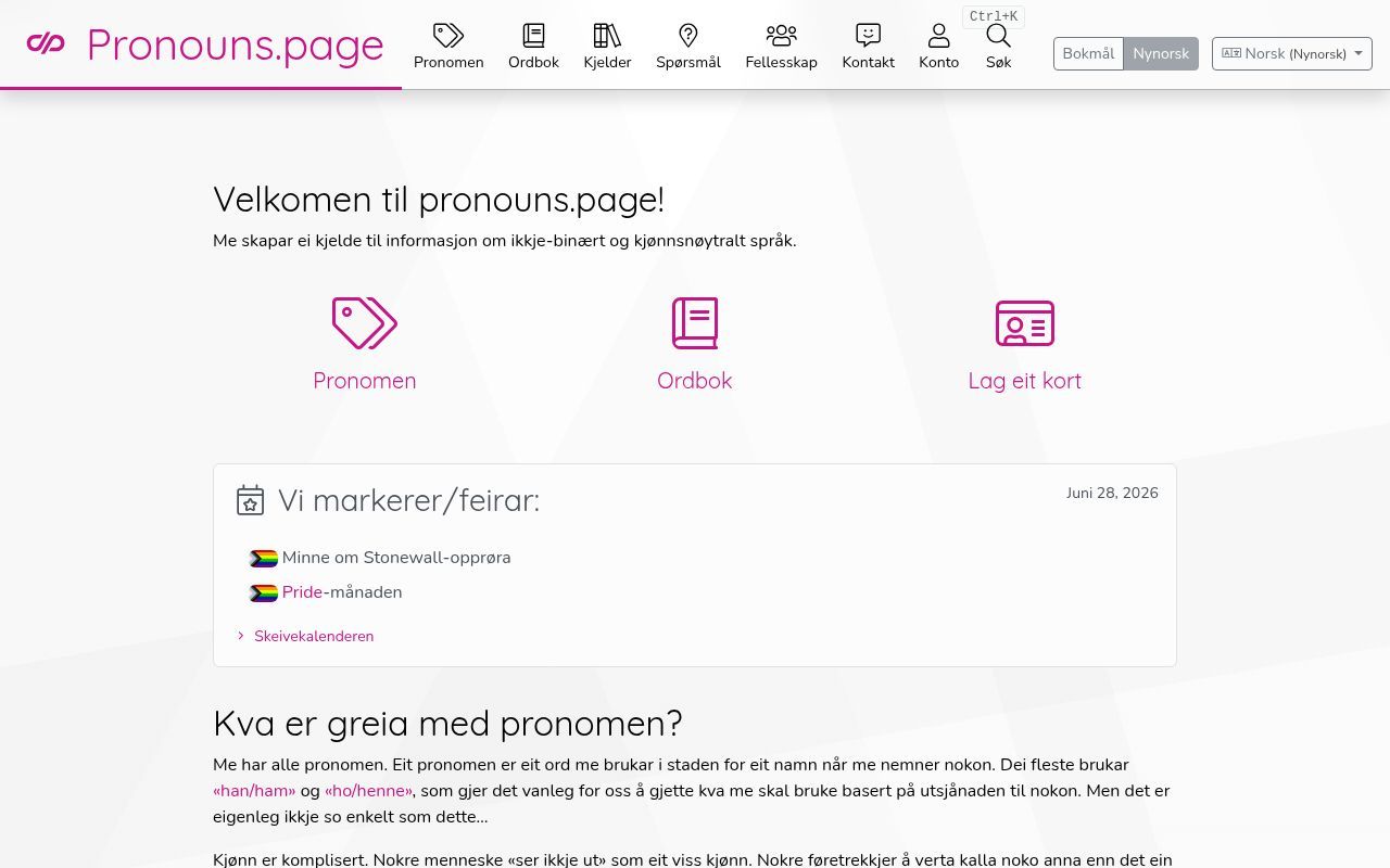 Homepage screenshot of nn.pronouns.page