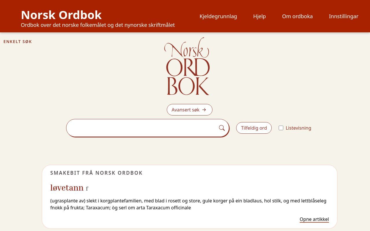 Homepage screenshot of norsk-ordbok.no
