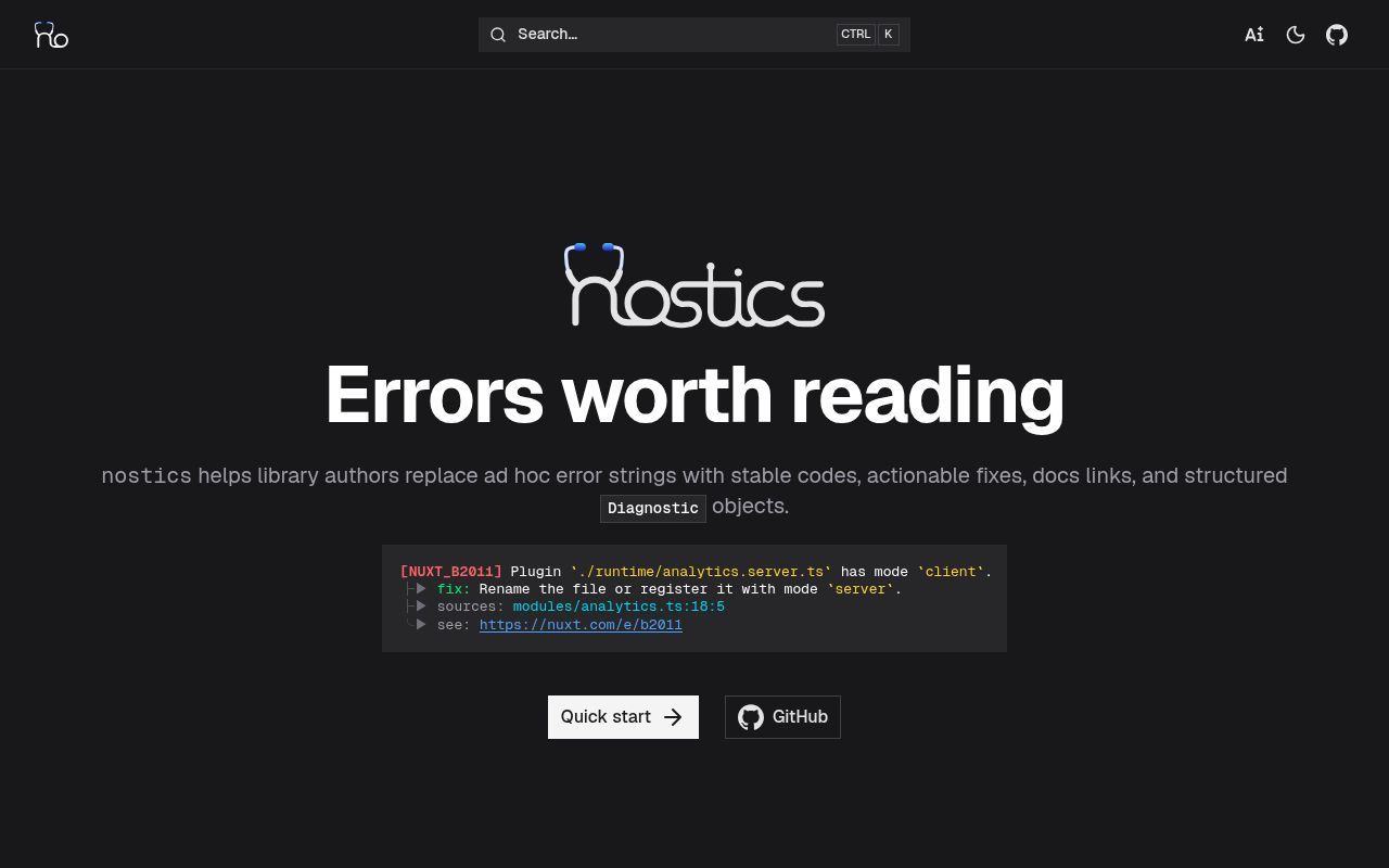 Homepage screenshot of nostics.dev