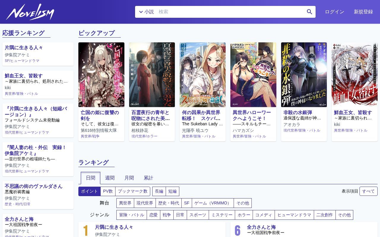 Homepage screenshot of novelism.jp
