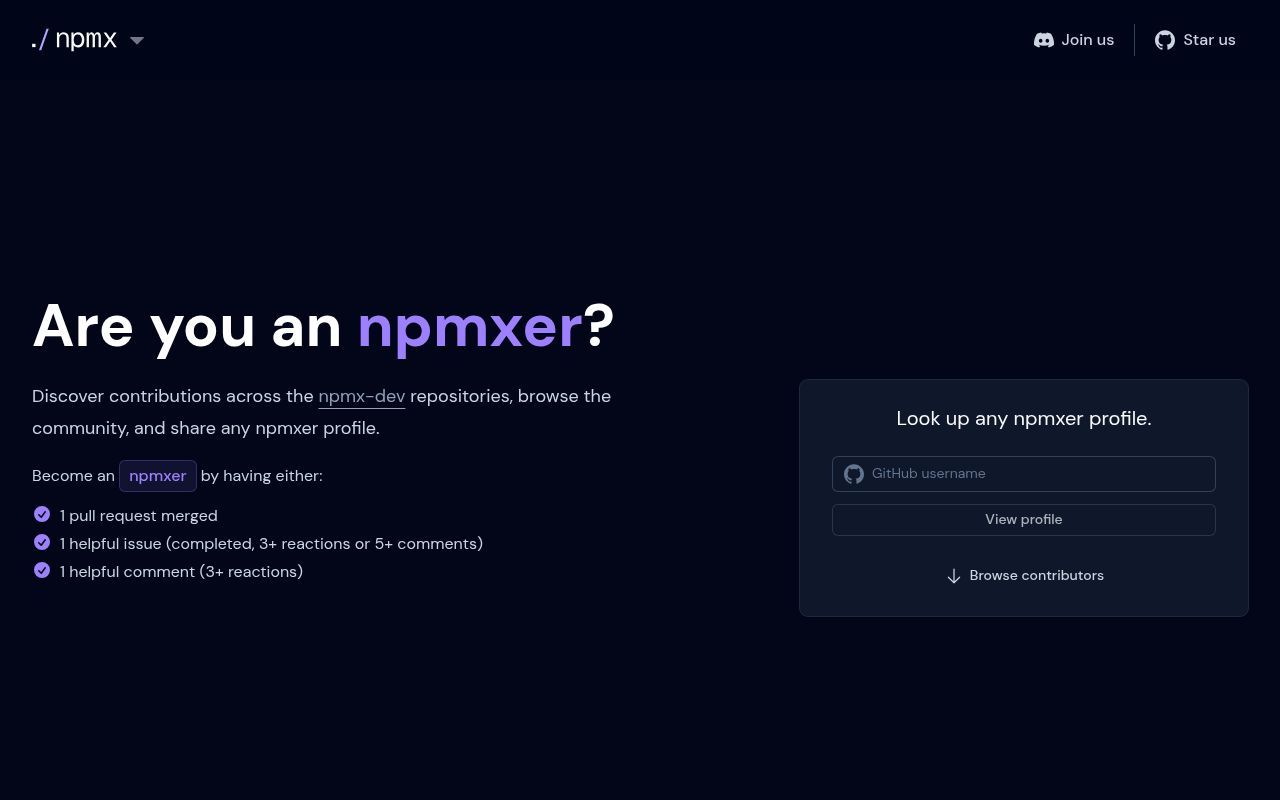 Homepage screenshot of npmxers.trueberryless.org