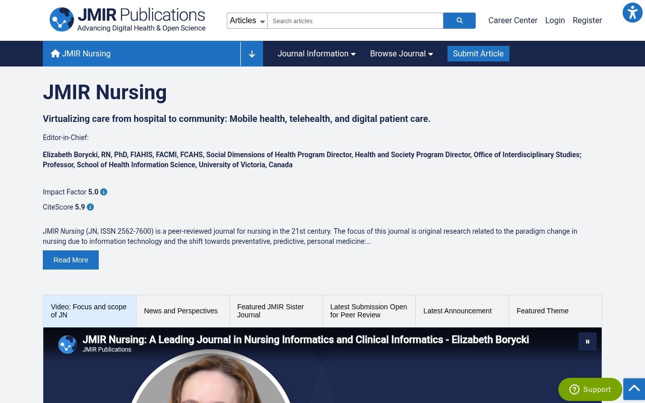 Homepage screenshot of nursing.jmir.org