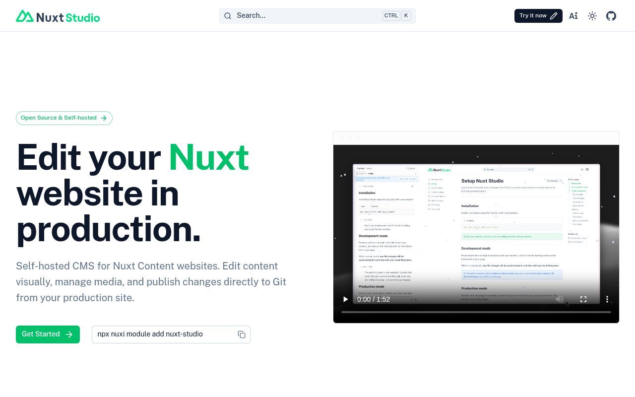 Homepage screenshot of nuxt.studio