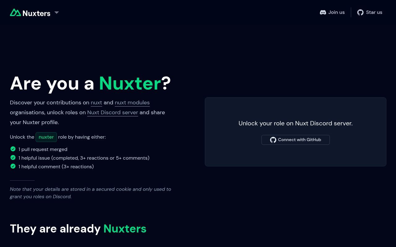 Homepage screenshot of nuxters.nuxt.com