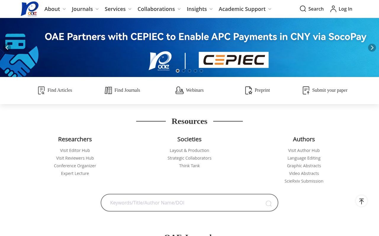 Homepage screenshot of oaepublish.com