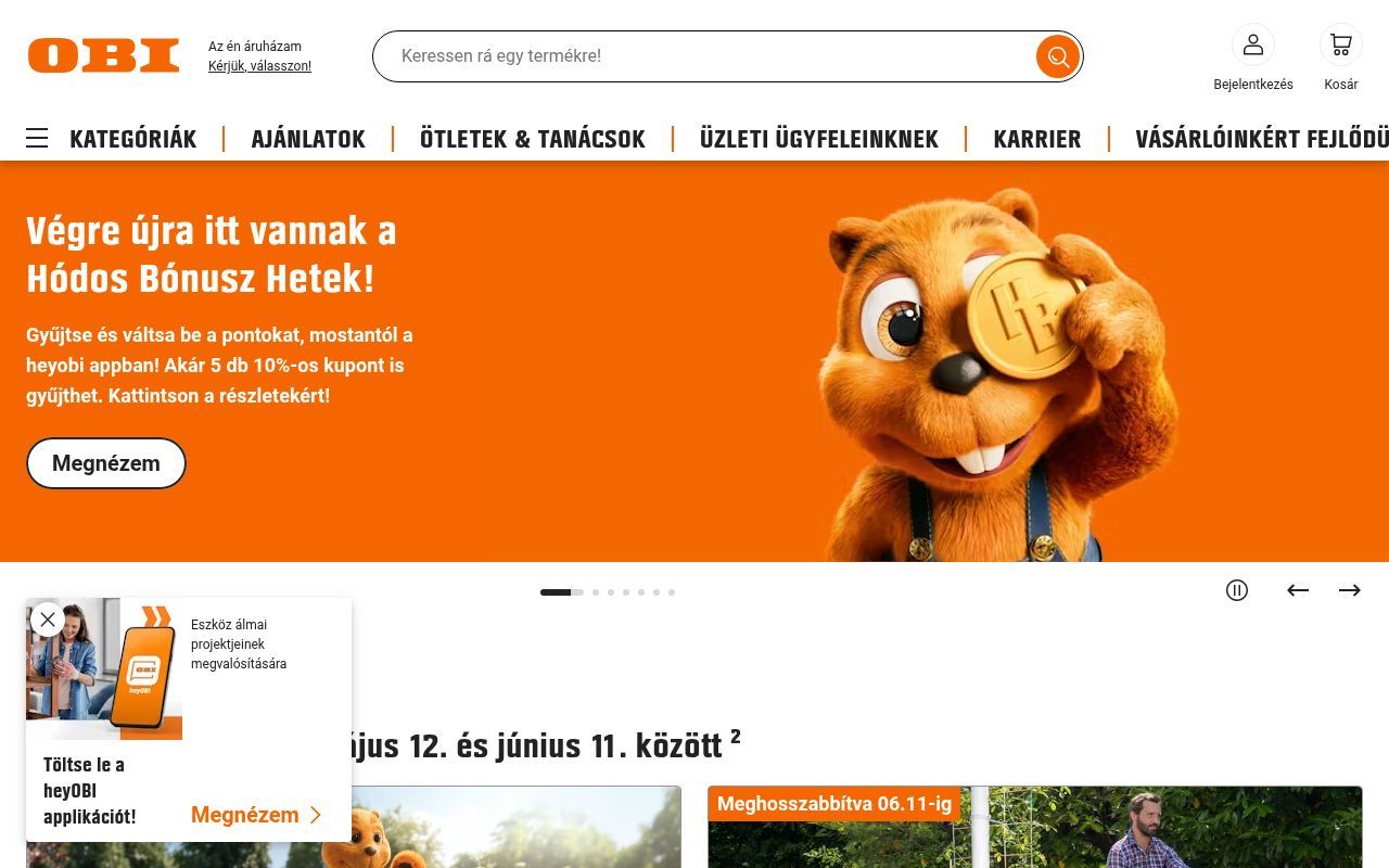 Homepage screenshot of obi.hu