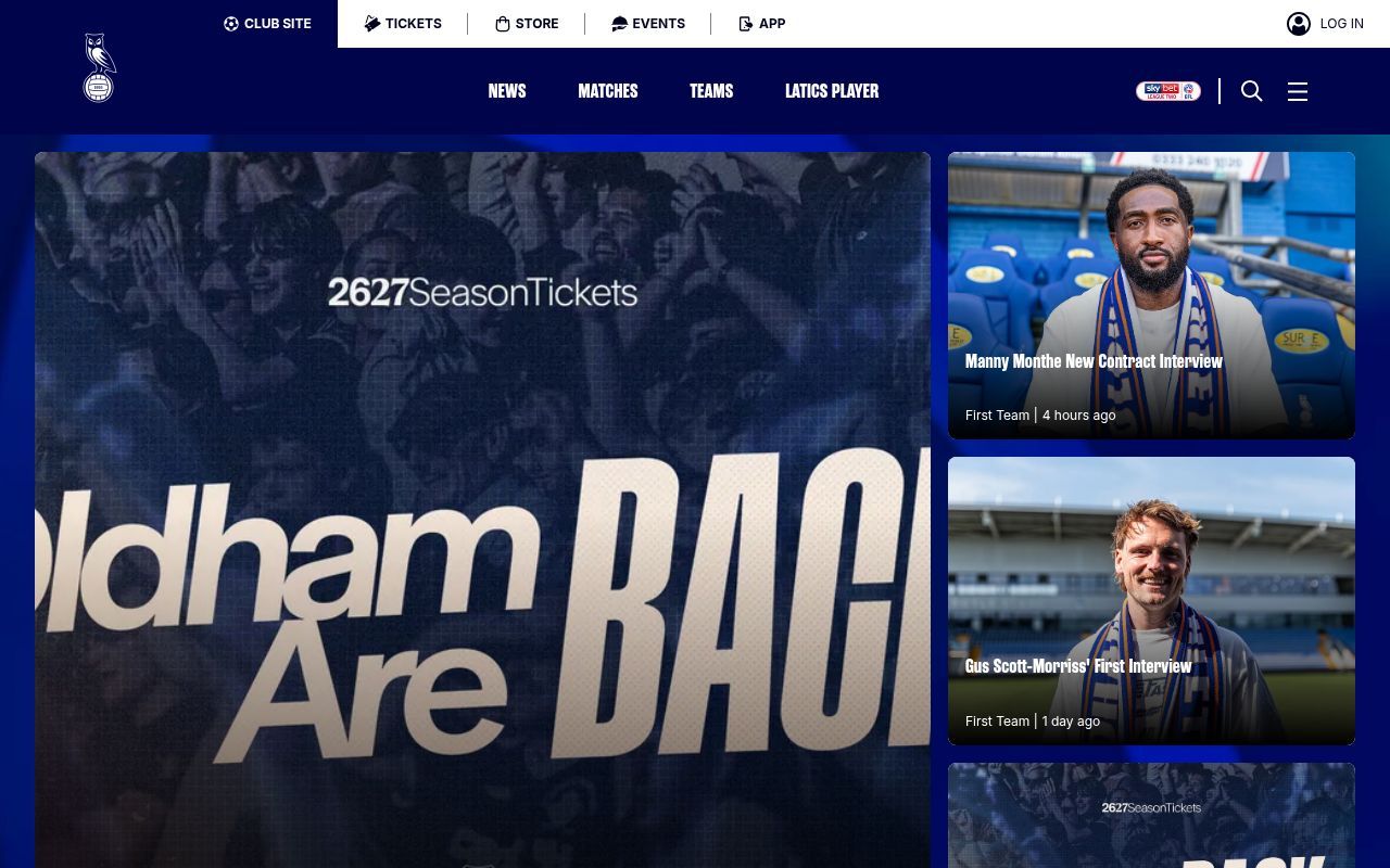 Homepage screenshot of oldhamathletic.co.uk