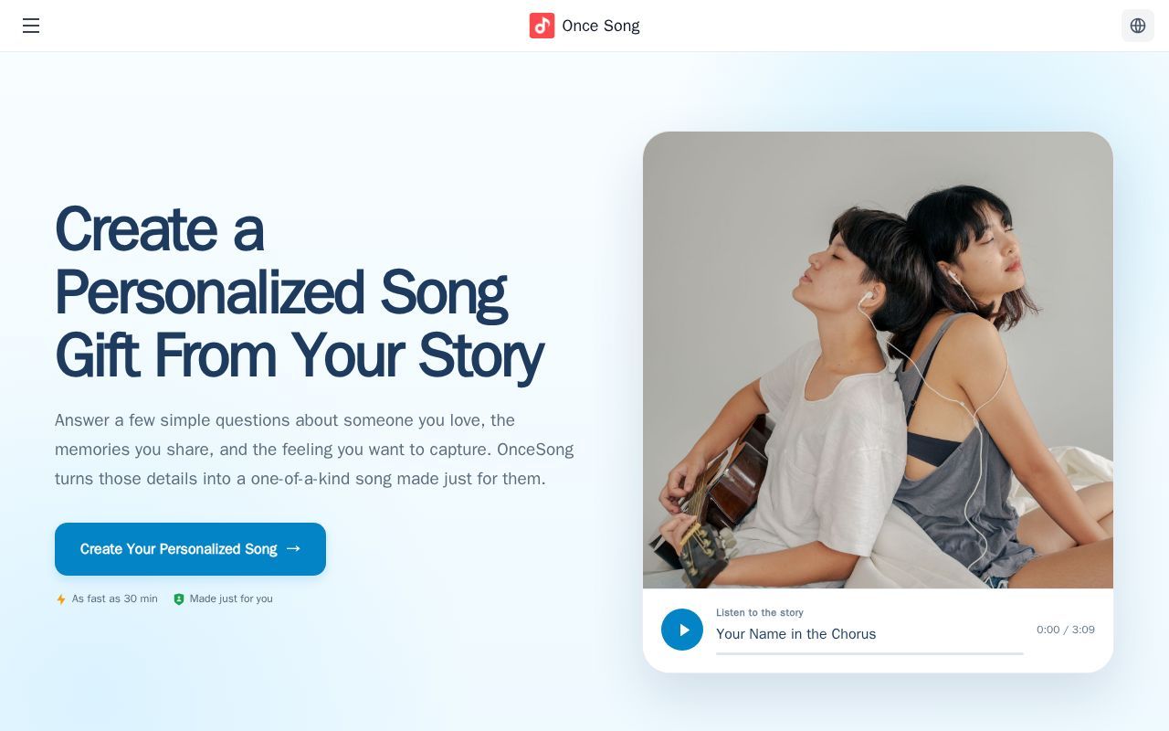 Homepage screenshot of oncesong.com