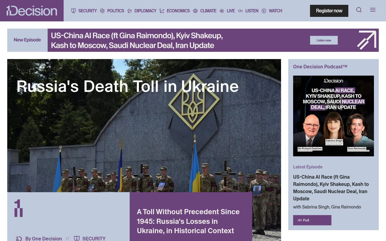 Homepage screenshot of onedecision.com