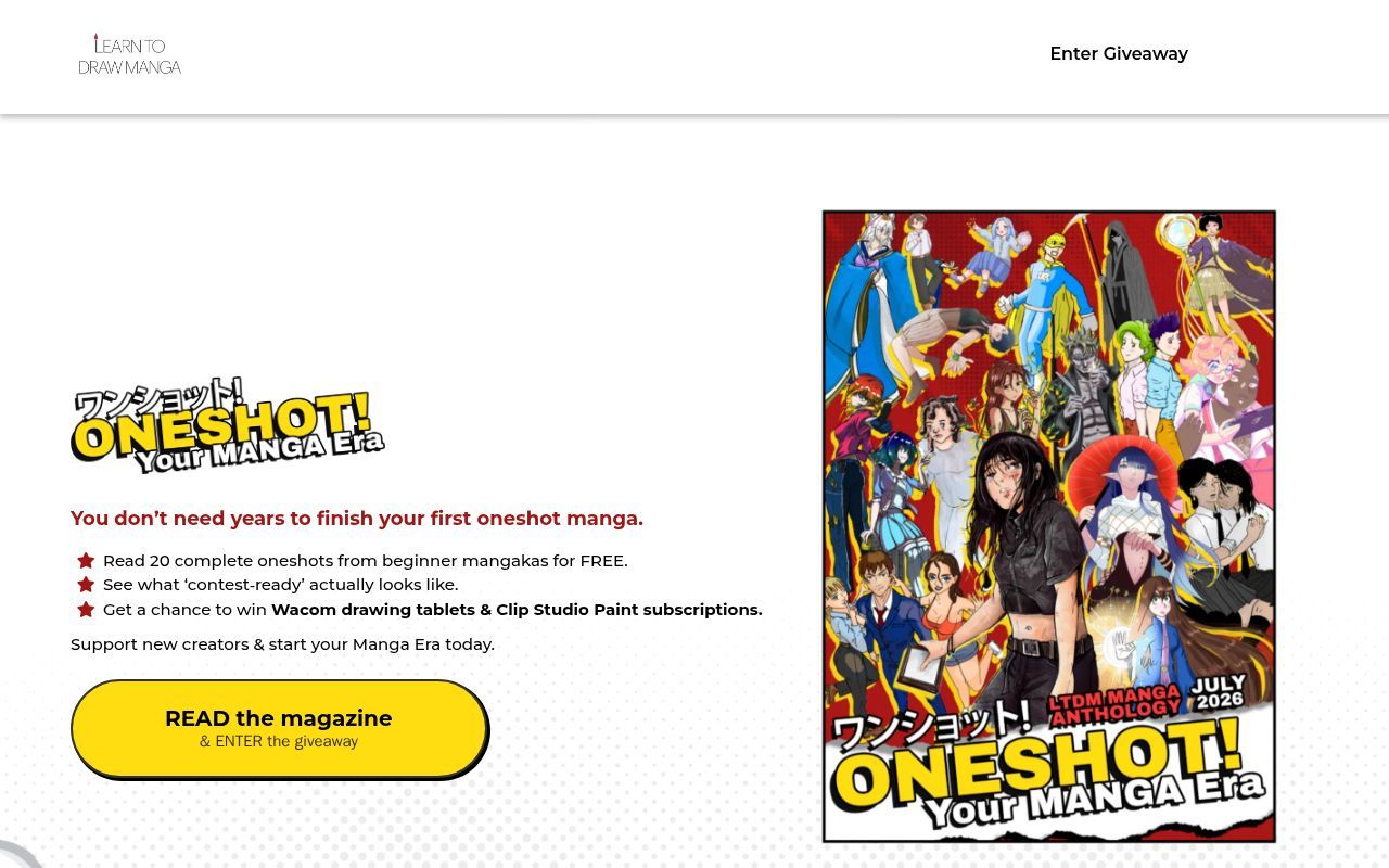 Homepage screenshot of oneshot.learntodrawmanga.com