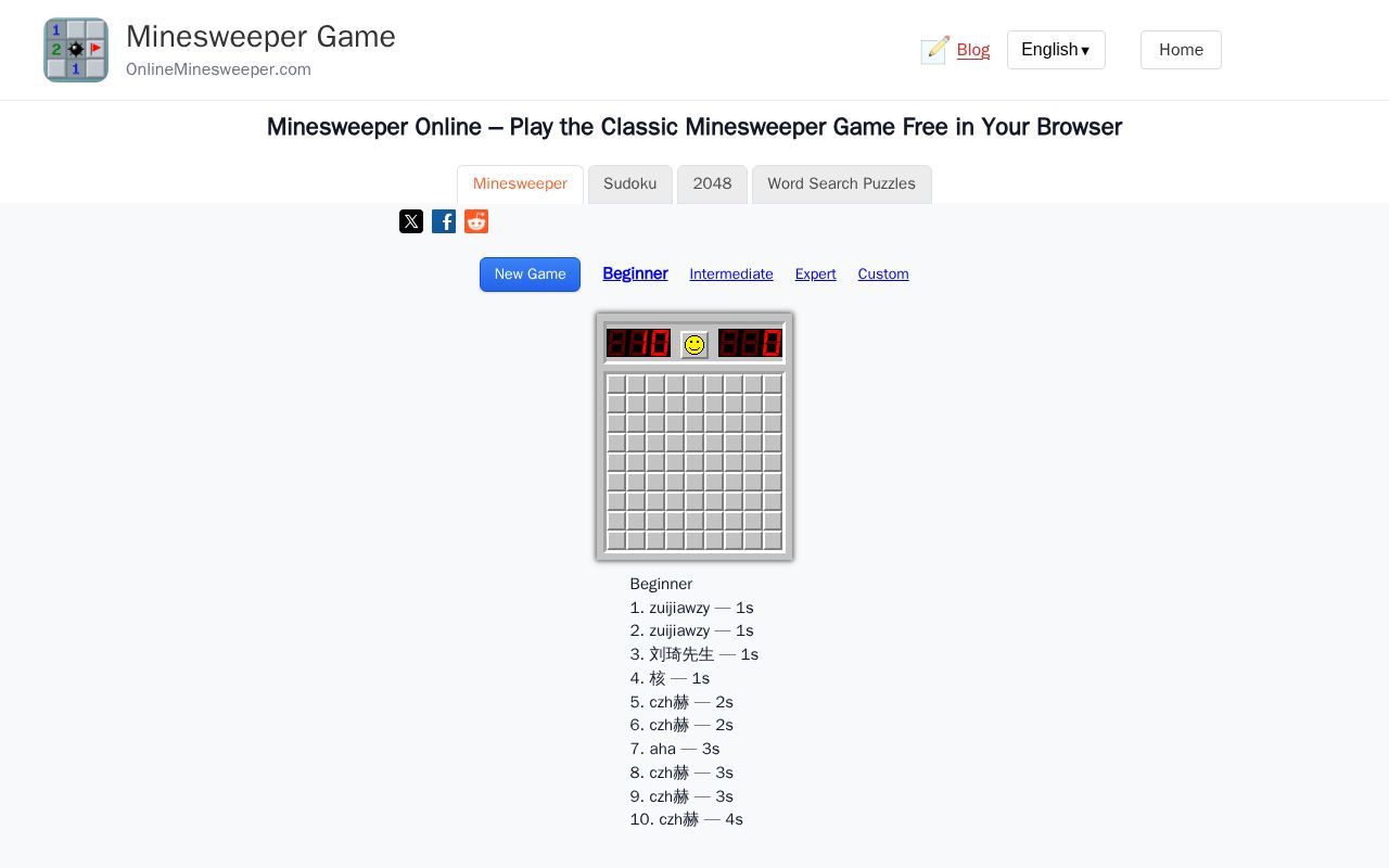 Homepage screenshot of onlineminesweeper.com