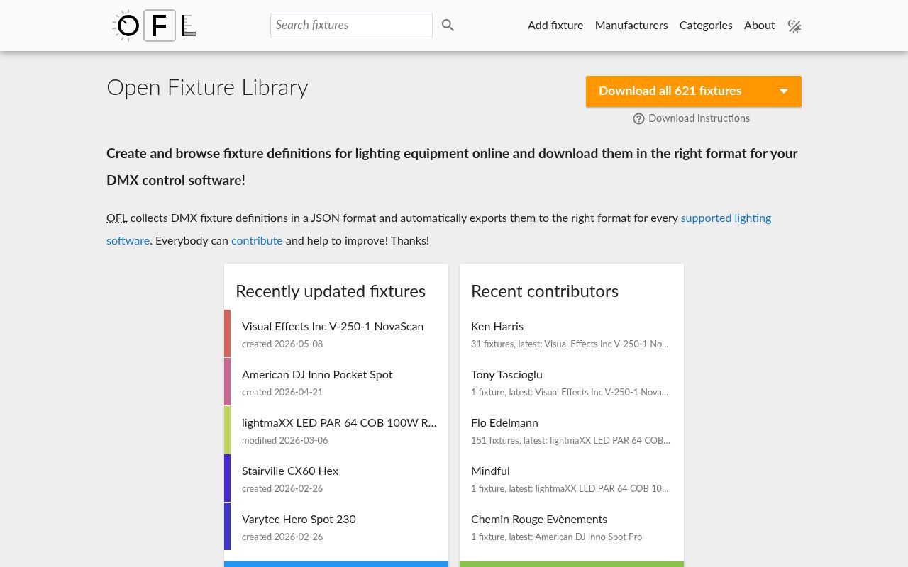 Homepage screenshot of open-fixture-library.org