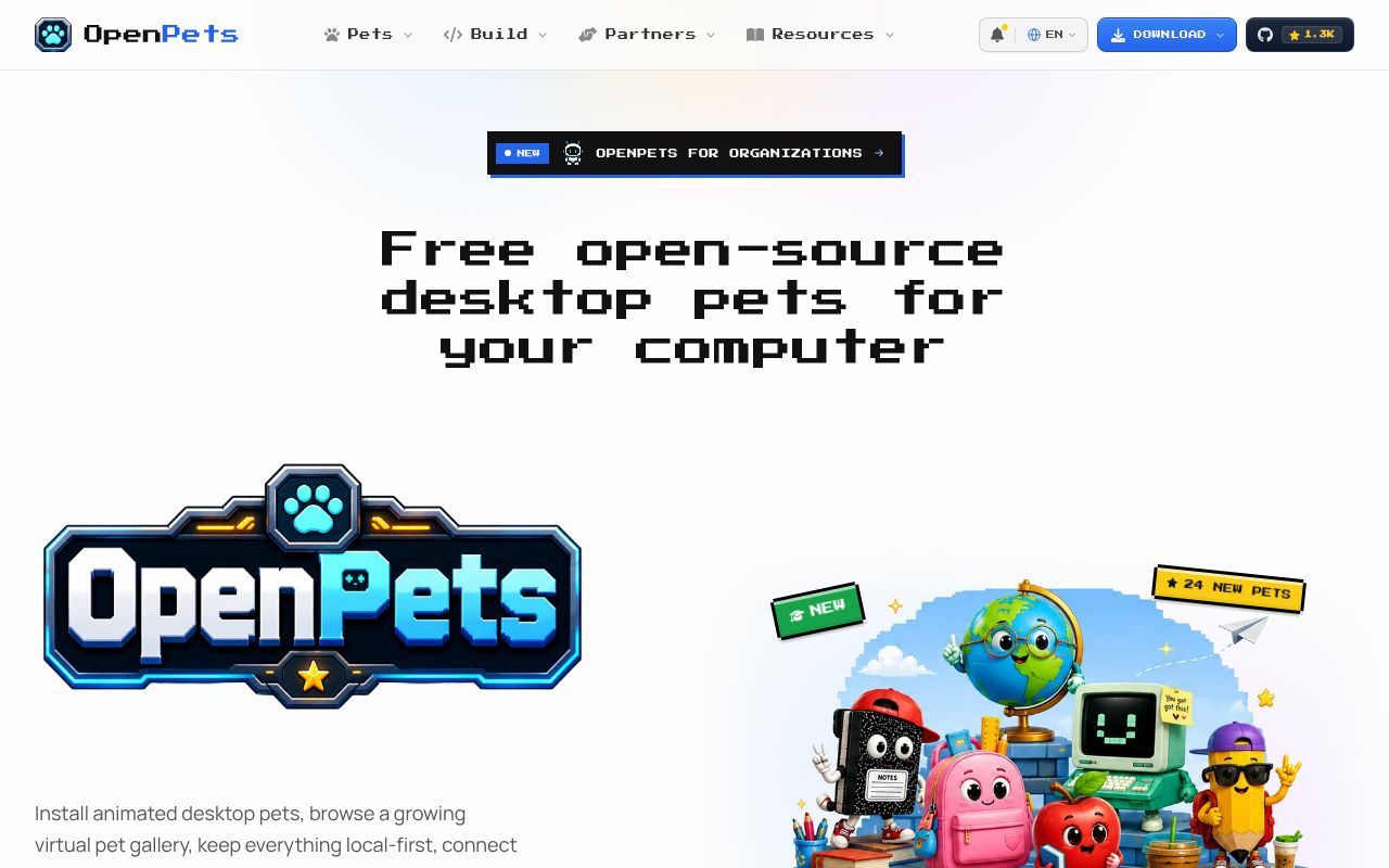 Homepage screenshot of openpets.dev