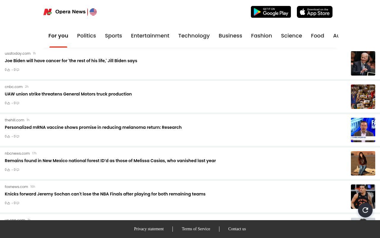 Homepage screenshot of operanewsapp.com