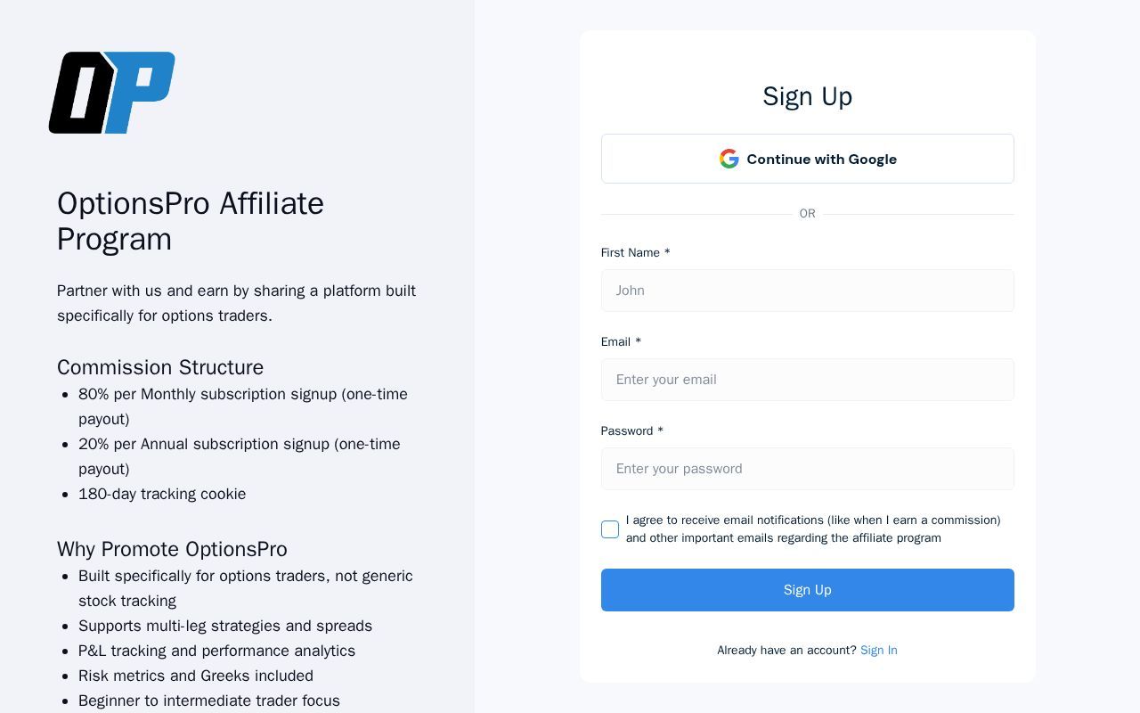 Homepage screenshot of optionstrading.firstpromoter.com