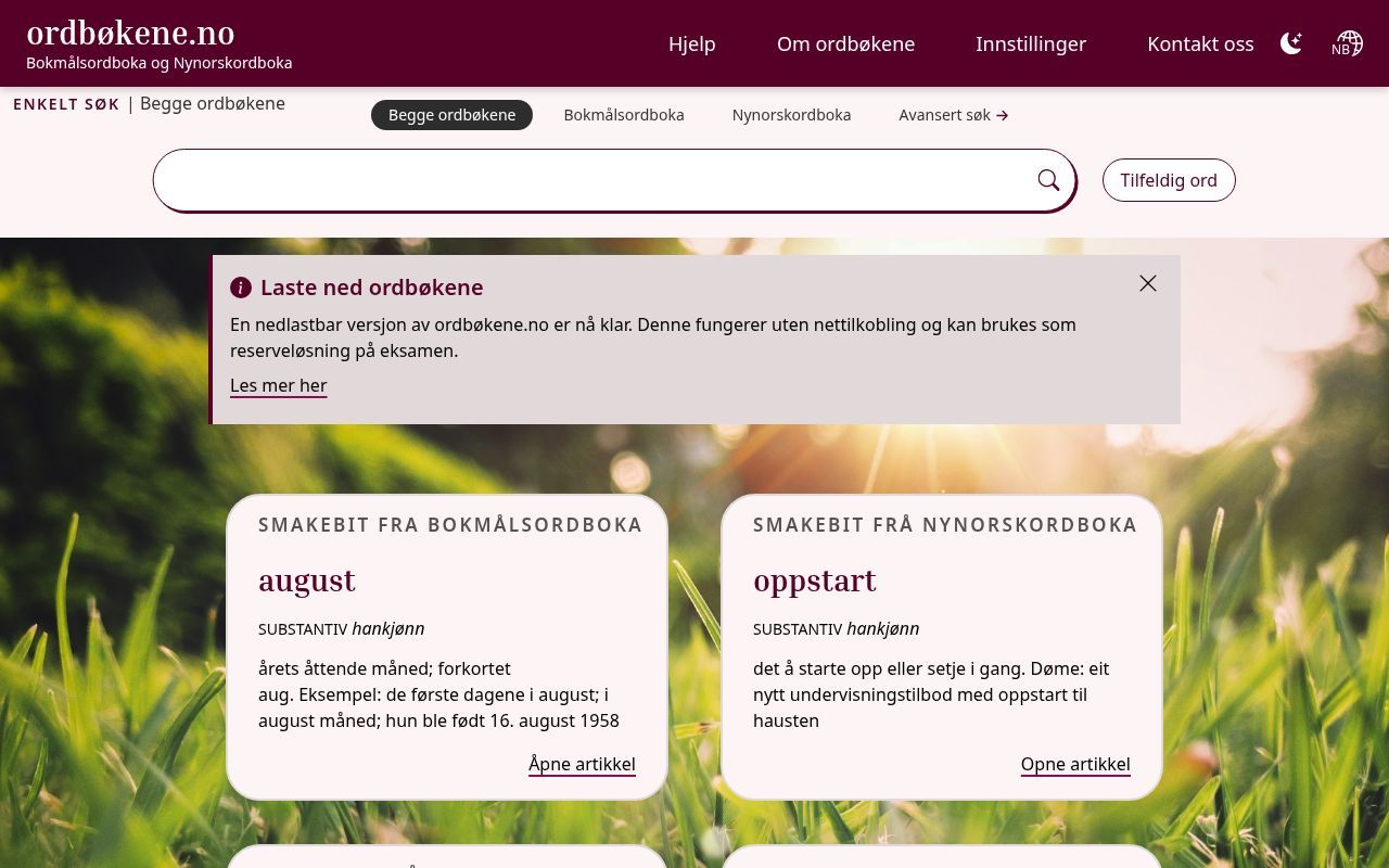 Homepage screenshot of ordbokene.no