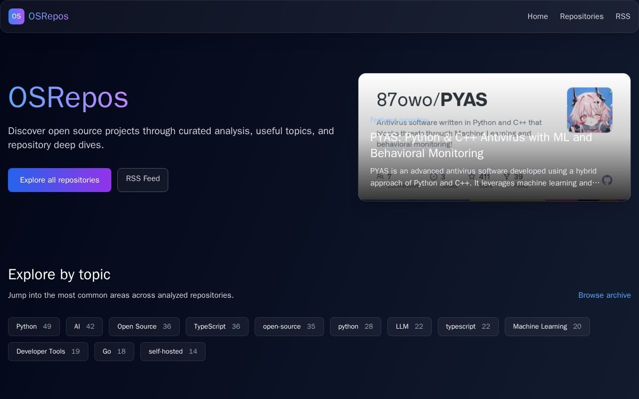 Homepage screenshot of osrepos.com