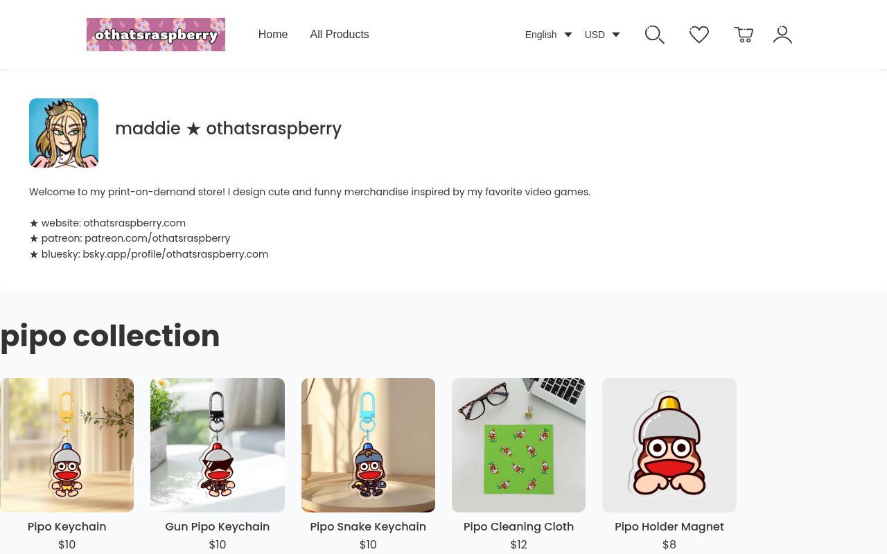 Homepage screenshot of othatsraspberry.artiststore.com