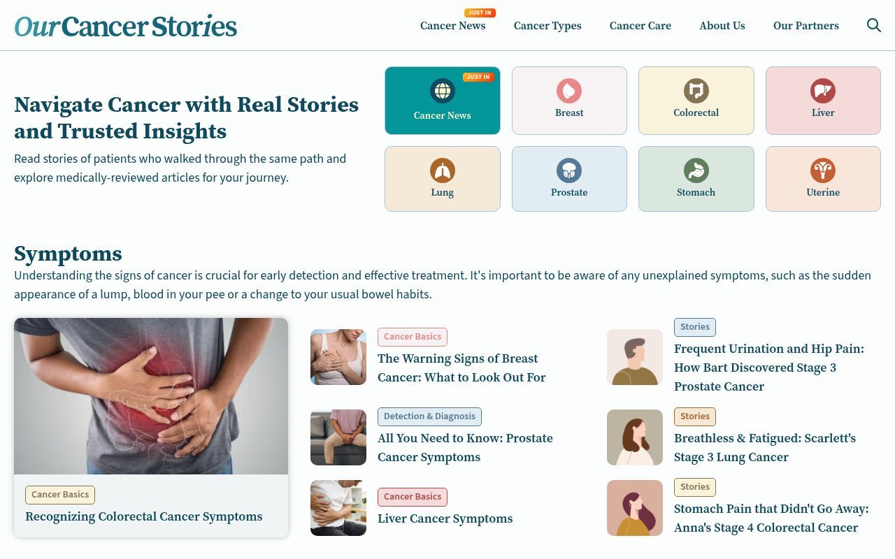 Homepage screenshot of ourcancerstories.com