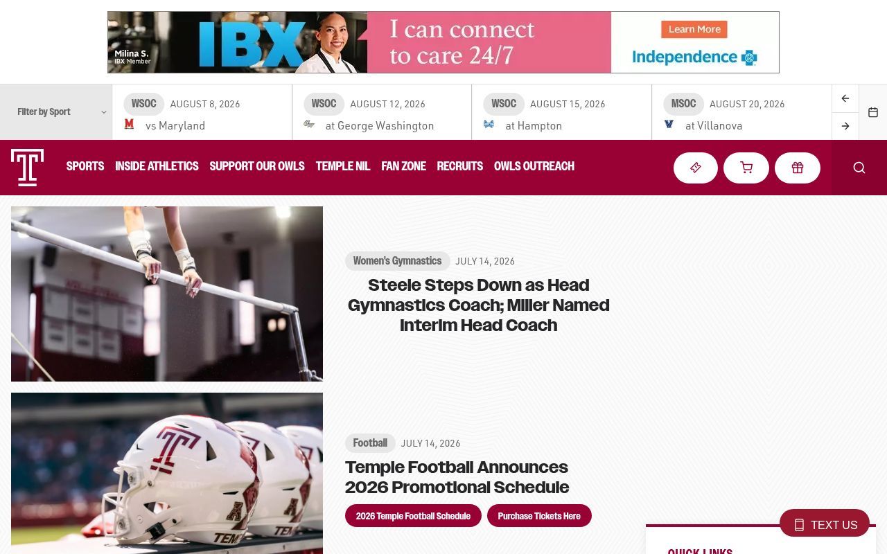 Homepage screenshot of owlsports.com