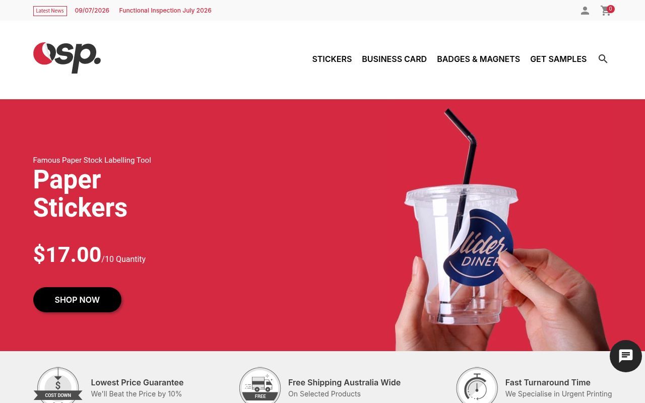 Homepage screenshot of ozstickerprinting.com