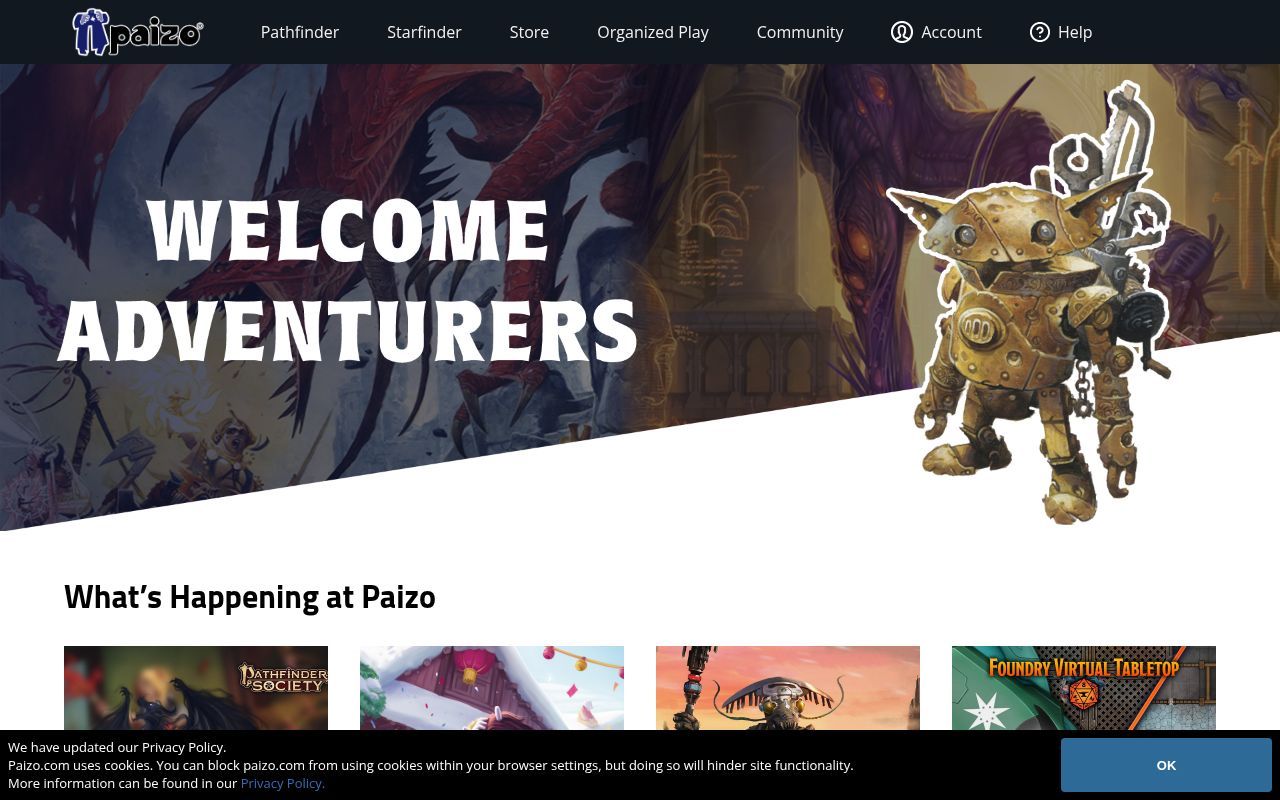 Homepage screenshot of paizo.com
