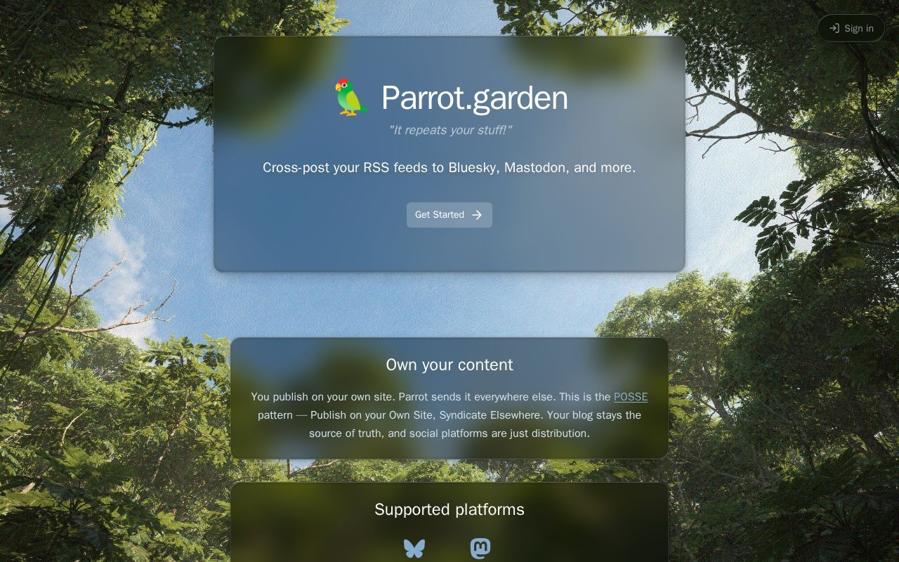 Homepage screenshot of parrot.garden