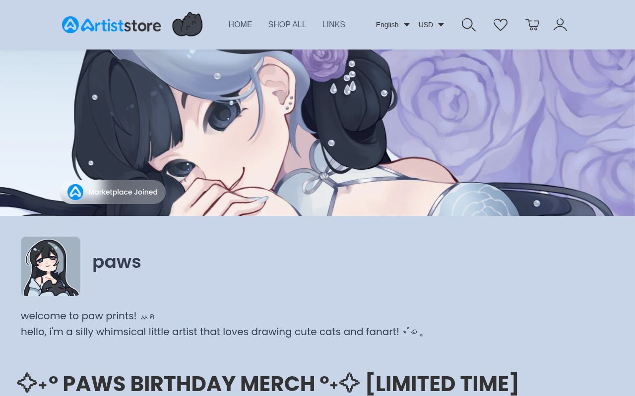 Homepage screenshot of pawprints.artiststore.com