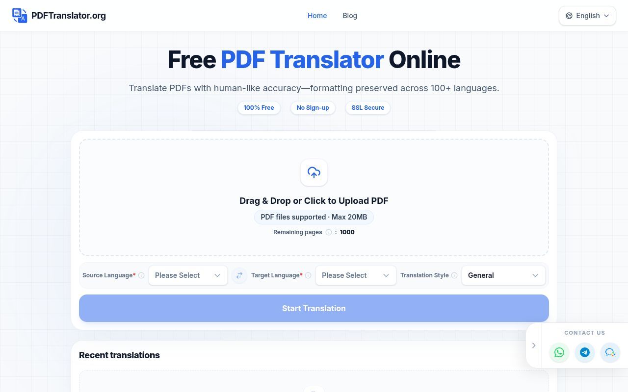 Homepage screenshot of pdftranslator.org
