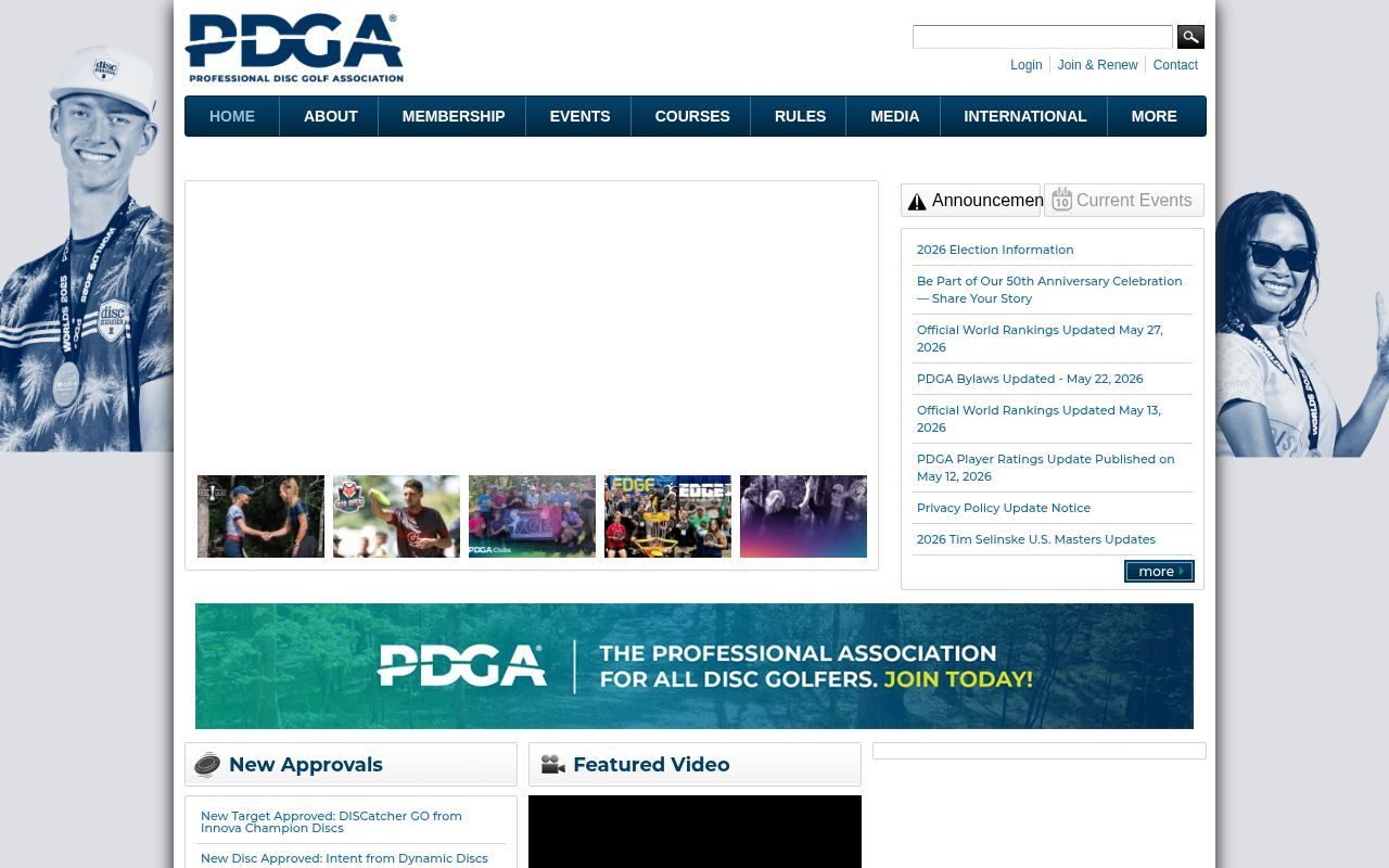 Homepage screenshot of pdga.com
