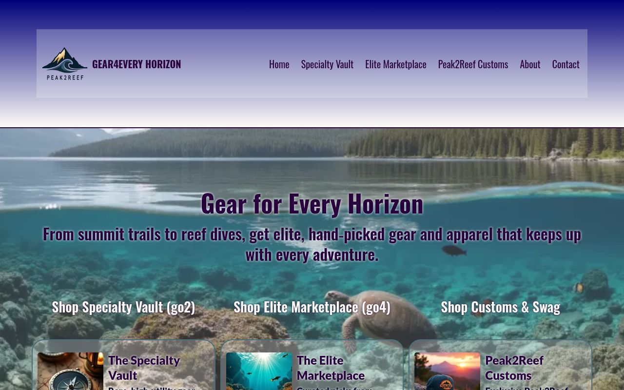 Homepage screenshot of peak2reef.shop