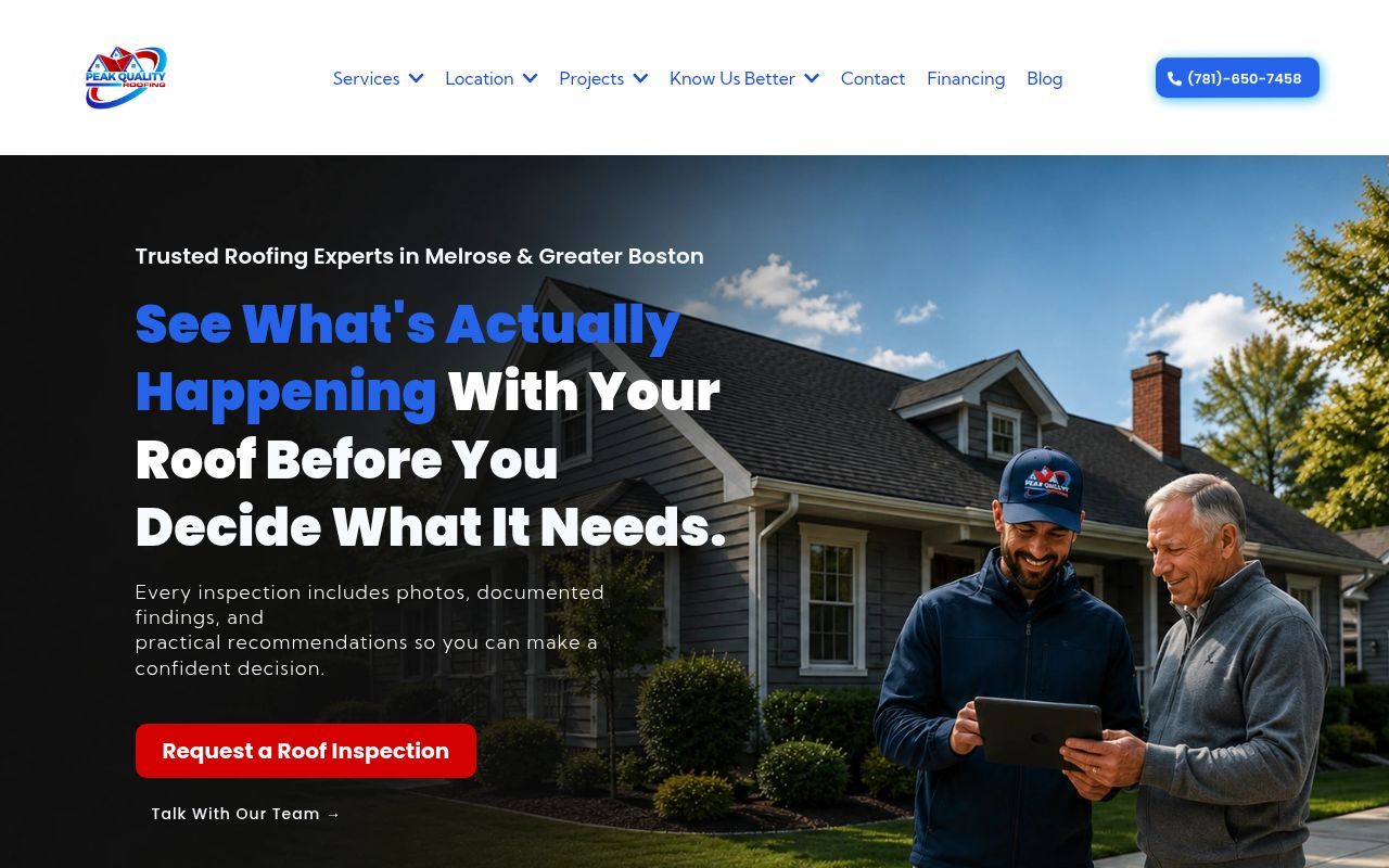 Homepage screenshot of peakqualityroofing.com