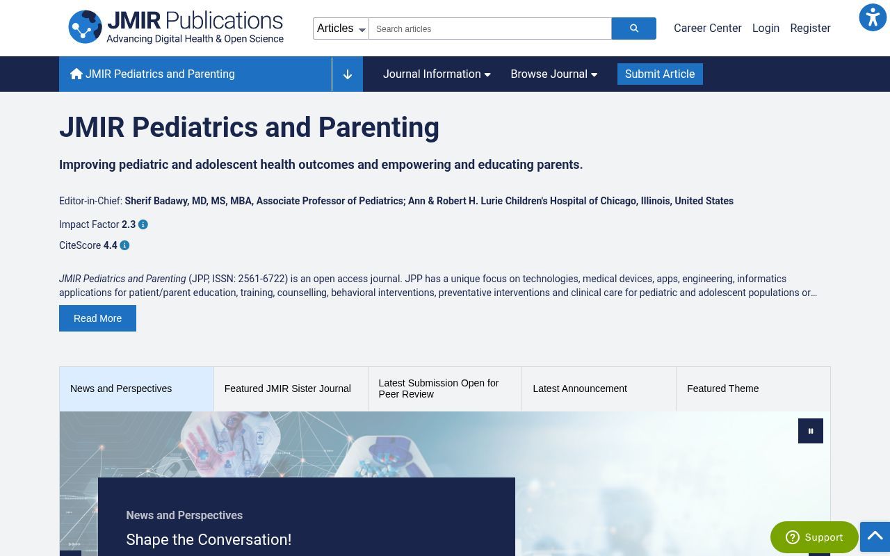Homepage screenshot of pediatrics.jmir.org
