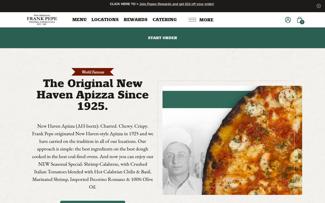 Homepage screenshot of pepespizzeria.com