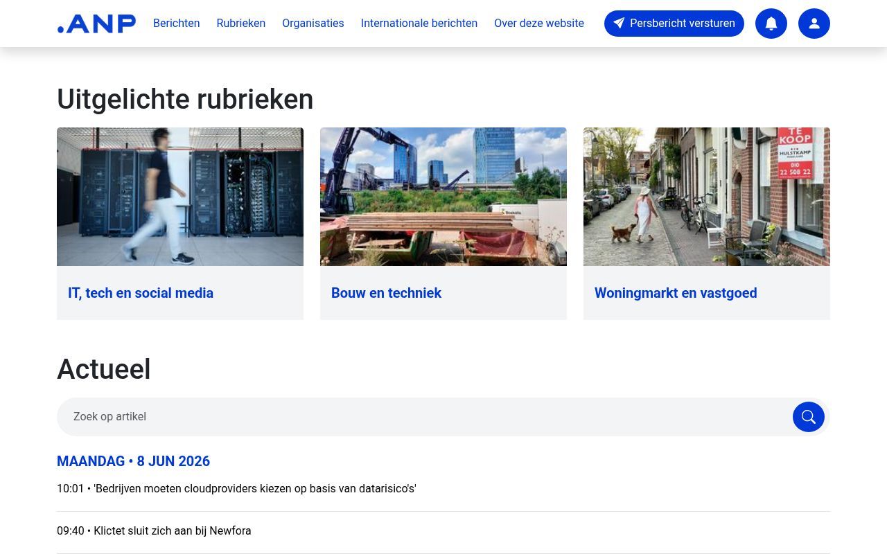 Homepage screenshot of persportaal.anp.nl