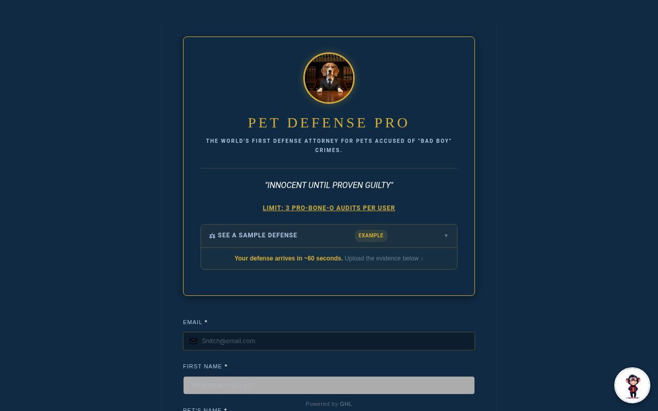 Homepage screenshot of petdefense.lazyent.com