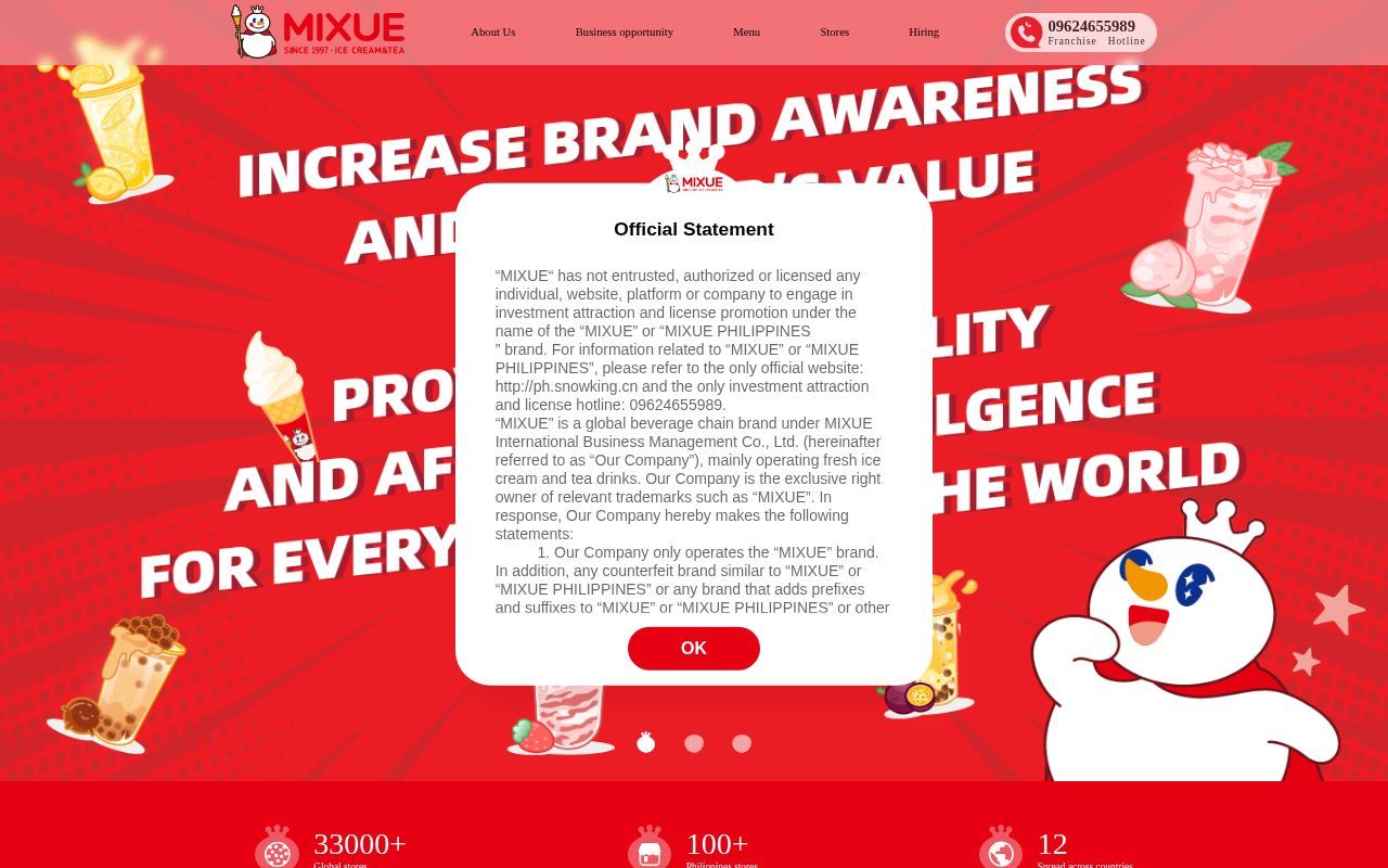Homepage screenshot of ph.mixue.com