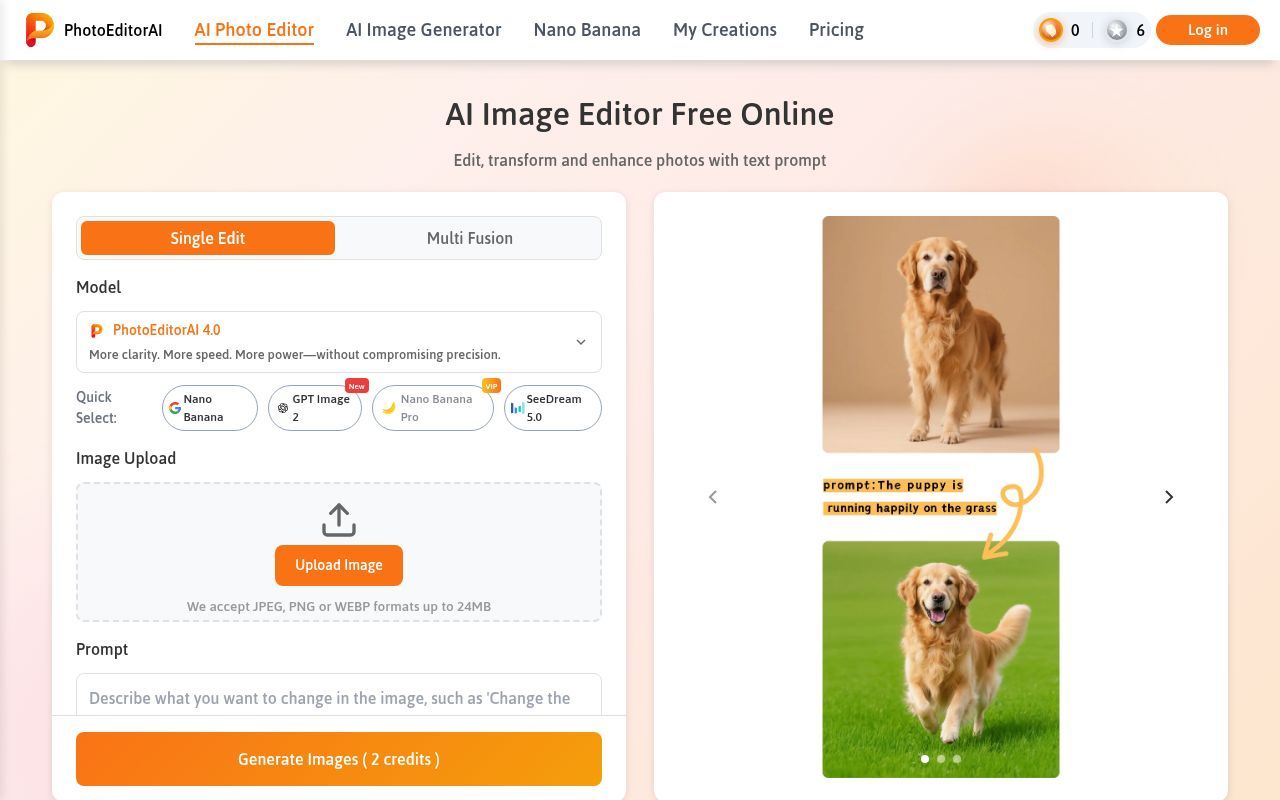 Homepage screenshot of photoeditorai.io