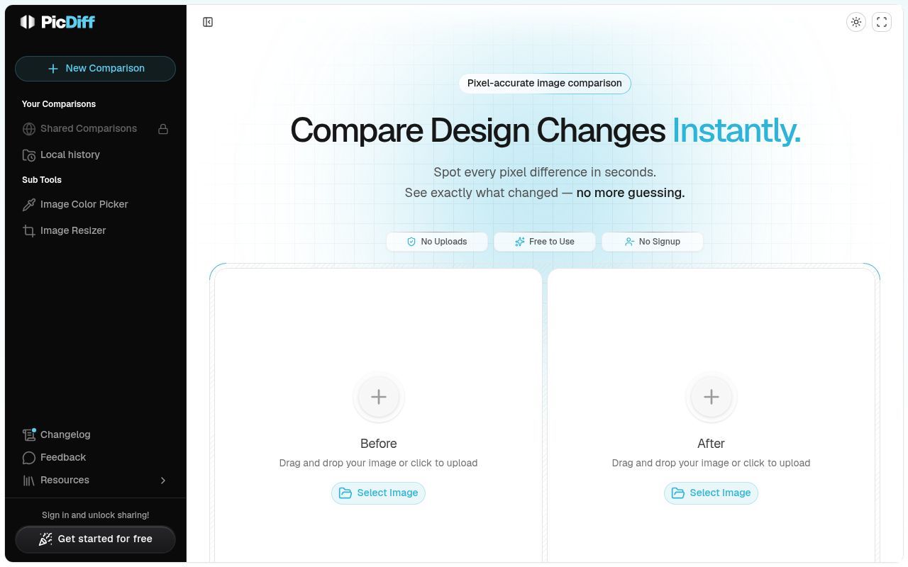Homepage screenshot of picdiff.dev