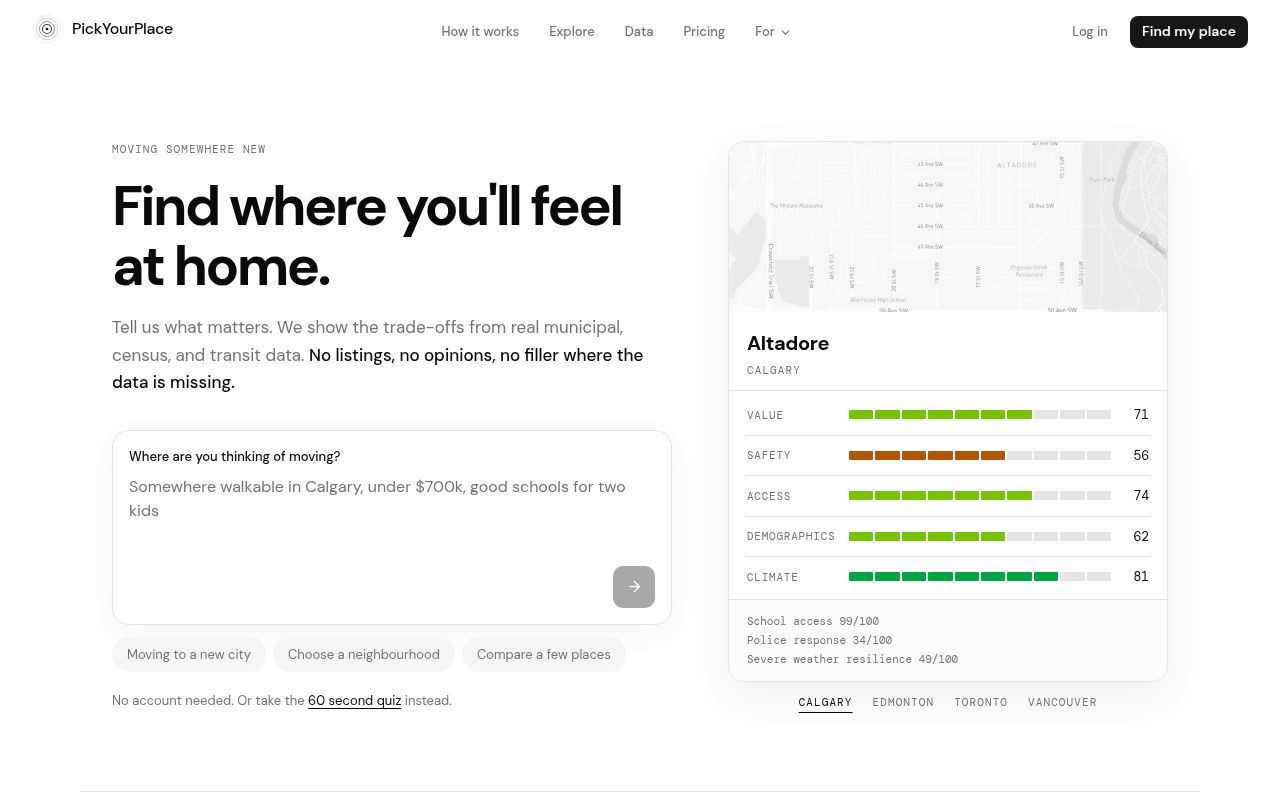 Homepage screenshot of pickyourplace.app
