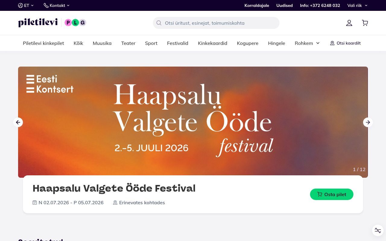 Homepage screenshot of piletilevi.ee