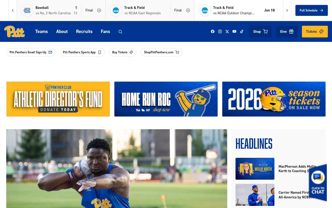 Homepage screenshot of pittsburghpanthers.com