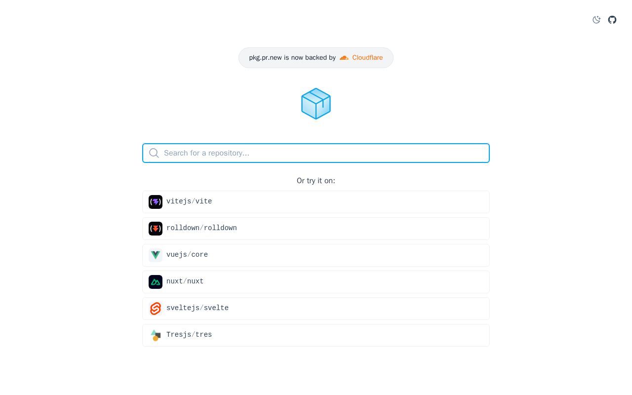 Homepage screenshot of pkg.pr.new