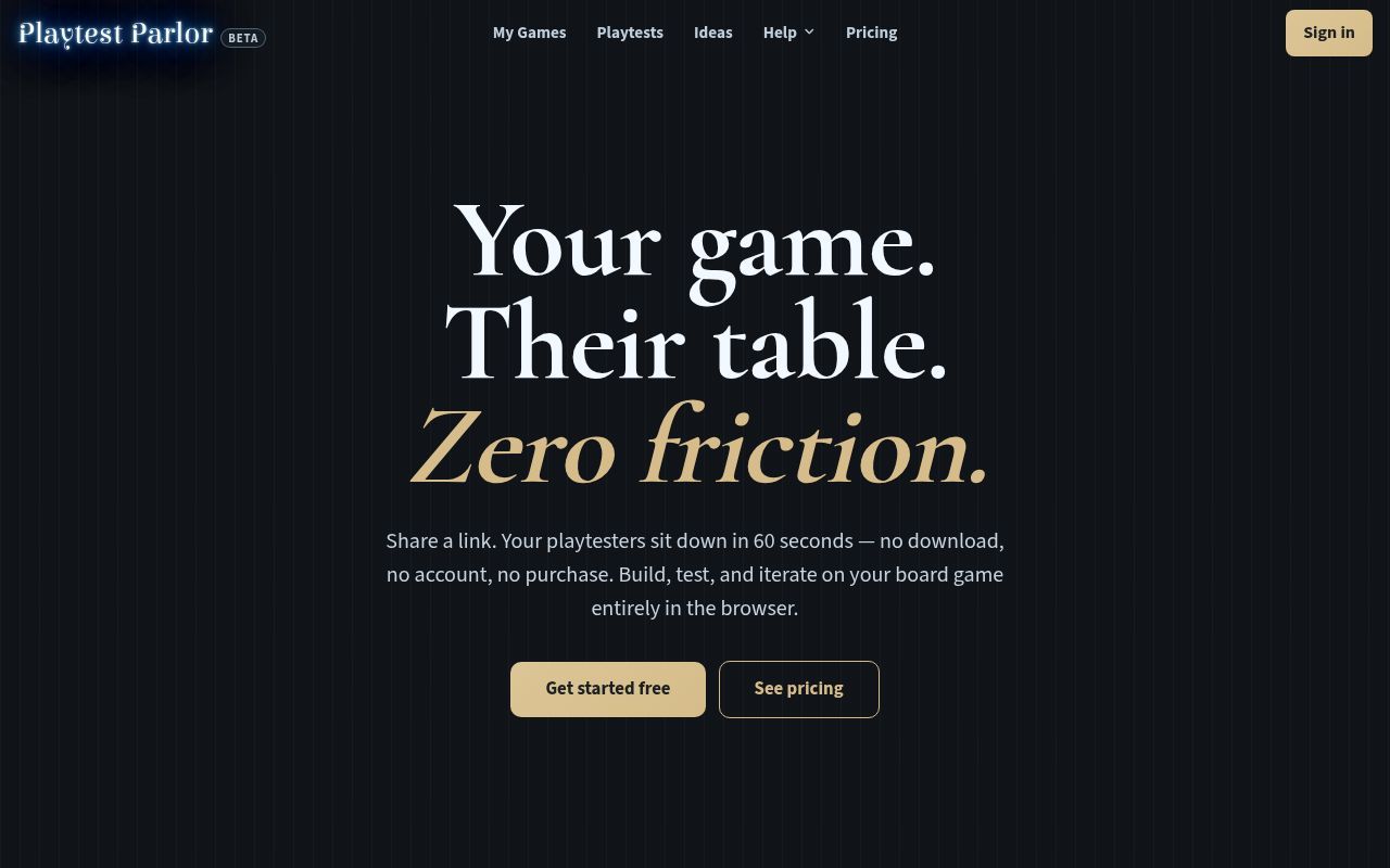 Homepage screenshot of playtestparlor.com